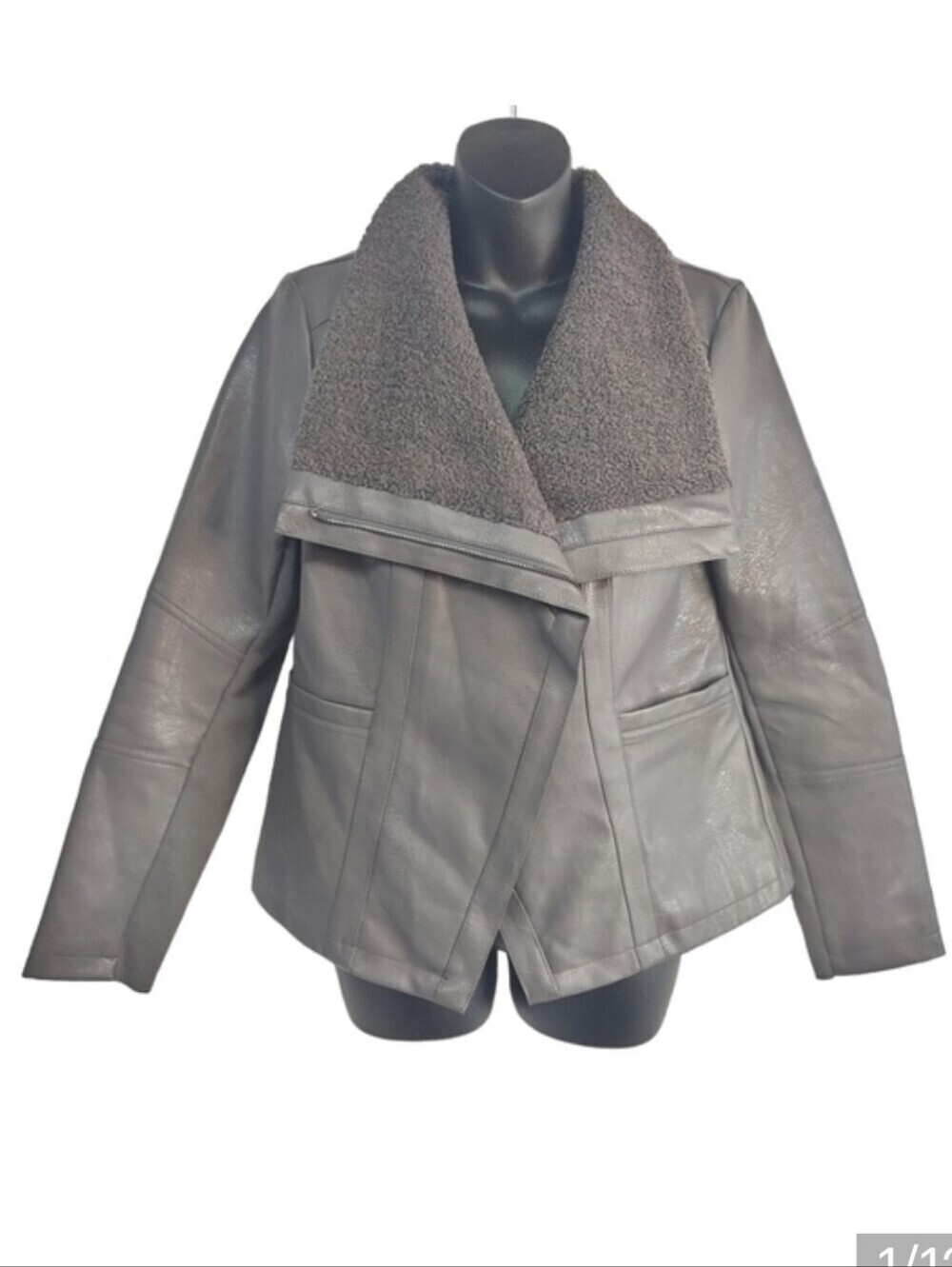 Alfani Women's Gray Faux-Leather Fleece-Trim Zip-Up Coat Jacket Size S